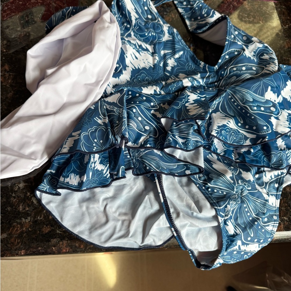 Blue Floral Swimsuit with White Accents